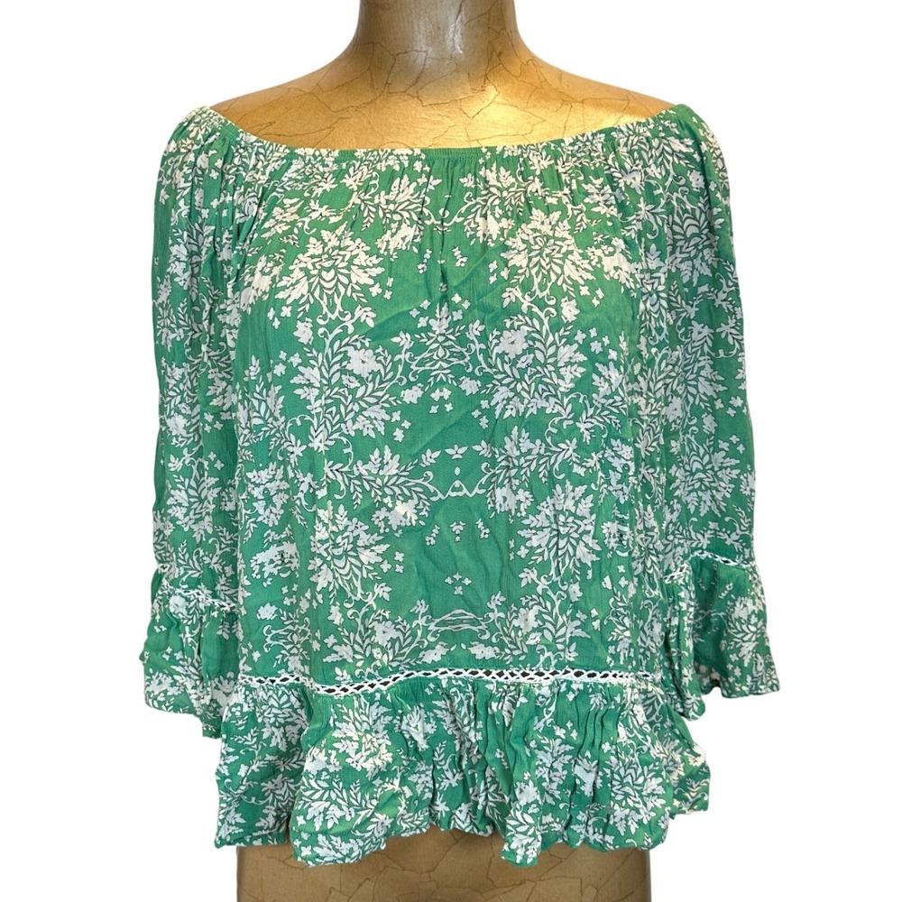 Democracy Green Floral Off Shoulder Ruffle Blouse Medium Country Cottage‎